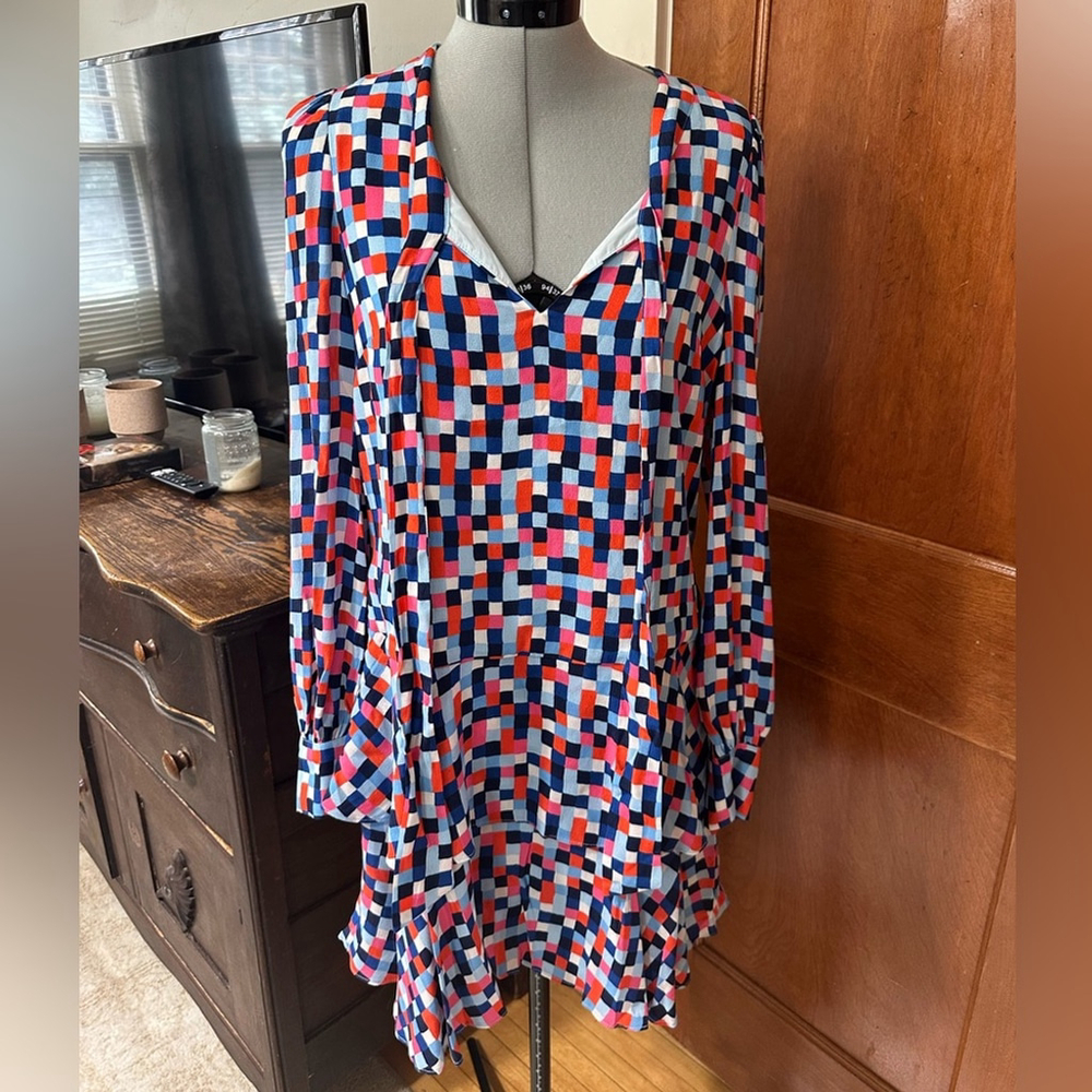 STS The Sailor Dress Geometric Print V Neck Long Sleeve Ruffle Hem Women's S
